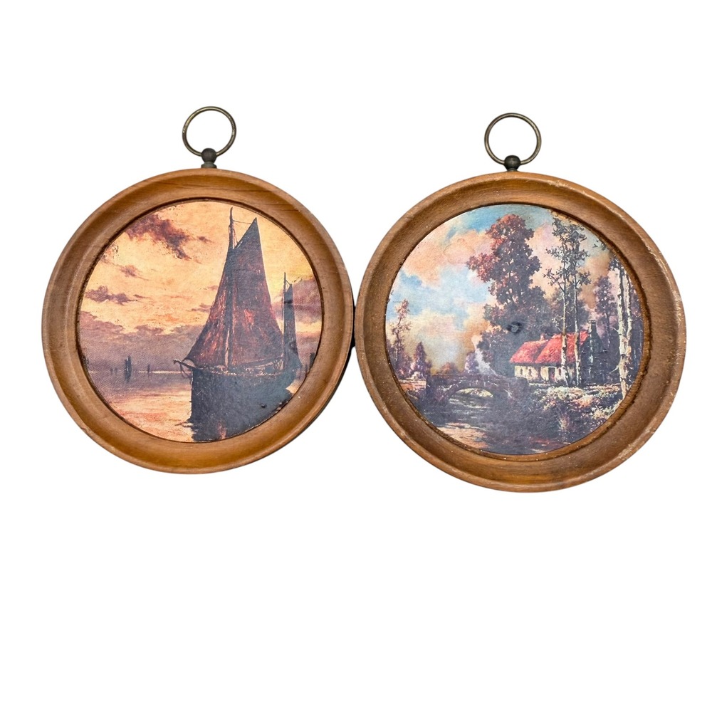 Vintage Japan Miniature Round Wood Wall Plaques Set of 2 Sailboat Cottage 3.5"
